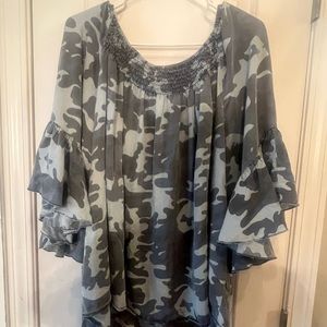 Blue Camo blouse with Ruffle sleeves